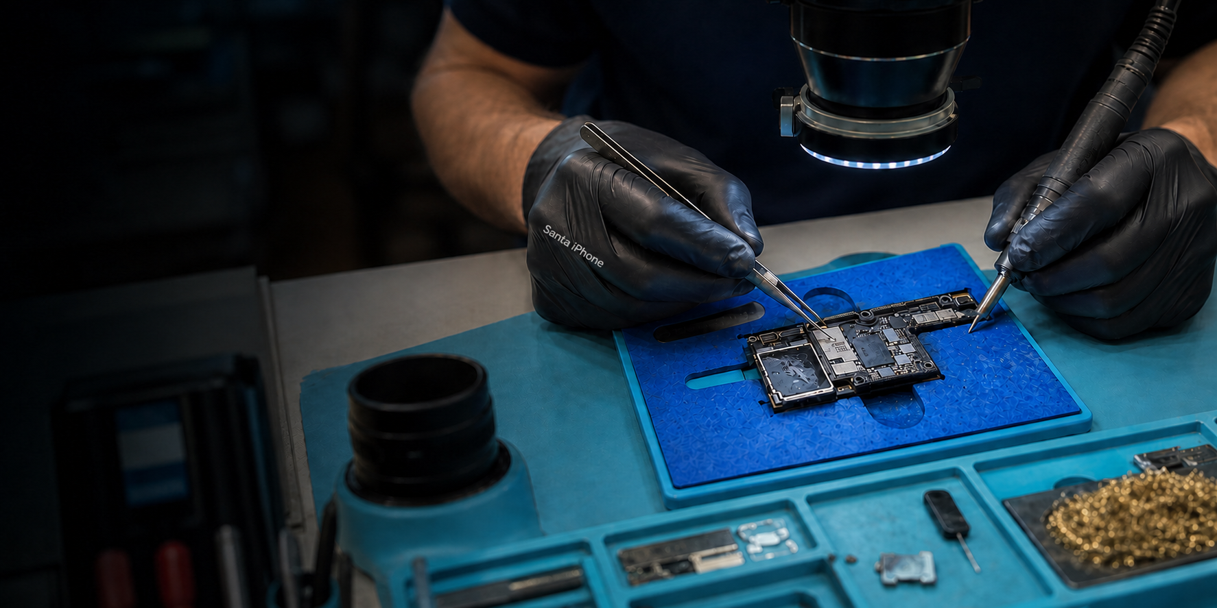 Técnico Santa iPhone realizando recuperação de placa em bancada com microscópio